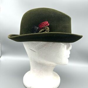 Vtg Italiano CAPPELLO Fedora Hat Size 6 7/8 Green VELOUR Feather